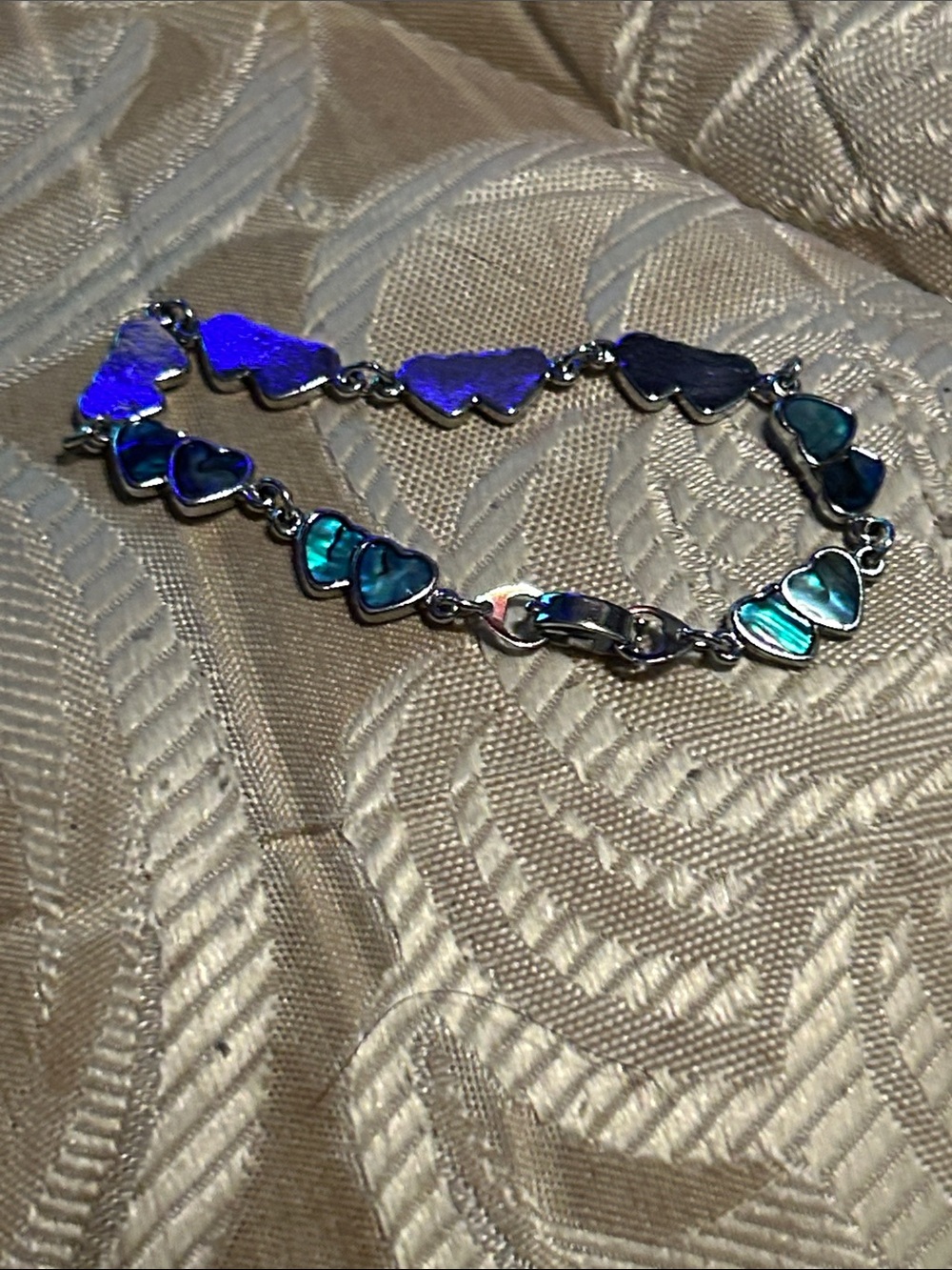 Silver Heart Link Bracelet with Blue-Green Inlay